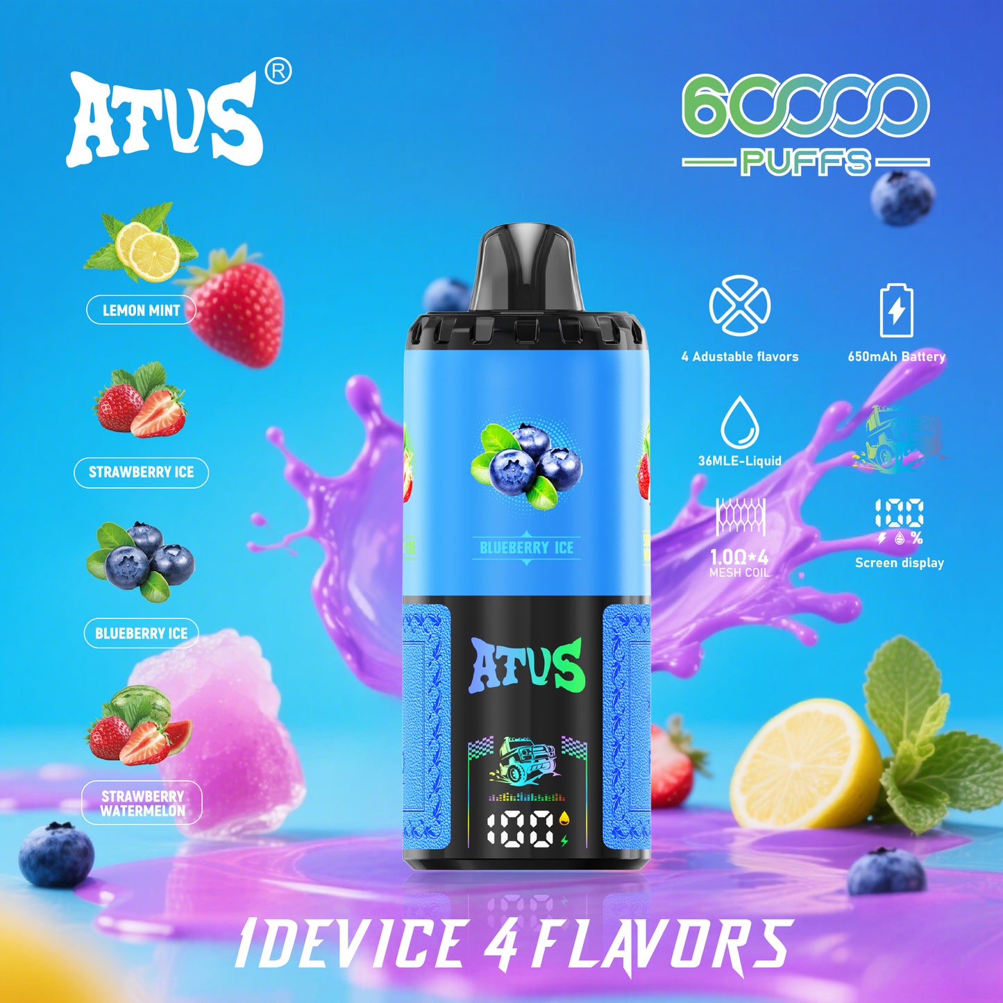 ATUS® Extreme: 60 000 Puff 4 az 1-ben tépőzáras porlasztó.|CITROMOS MENTA|EPRES JÉG|ÁFONYÁS JÉG|EPRES-DINNYÉS|.
