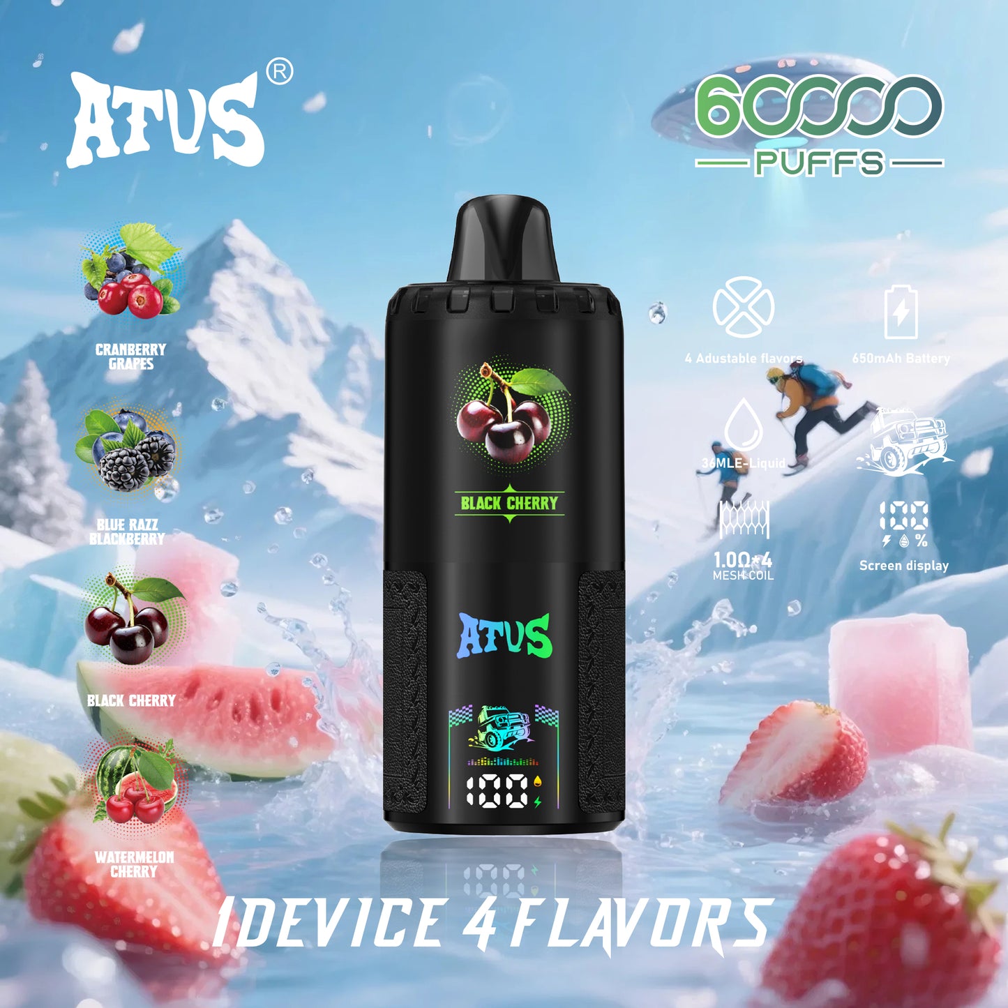 ATUS® Extreme: 60 000 Puff 4 az 1-ben tépőzáras porlasztó.|ÁFONYA SZŐLŐ|KÉK SZEDER|FEKETE MEGGY|DINNYE MEGGY|.