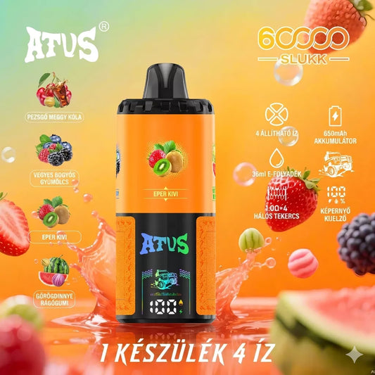 ATUS® Extreme: 60 000 Puff 4 az 1-ben tépőzáras porlasztó.|Csillogó cseresznye kóla|Vegyes bogyós|Eper-kivi|Görögdinnye-gumi|.