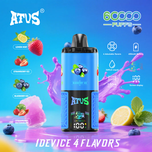 ATUS® Extreme: 60 000 Puff 4 az 1-ben tépőzáras porlasztó.|CITROMOS MENTA|EPRES JÉG|ÁFONYÁS JÉG|EPRES-DINNYÉS|.